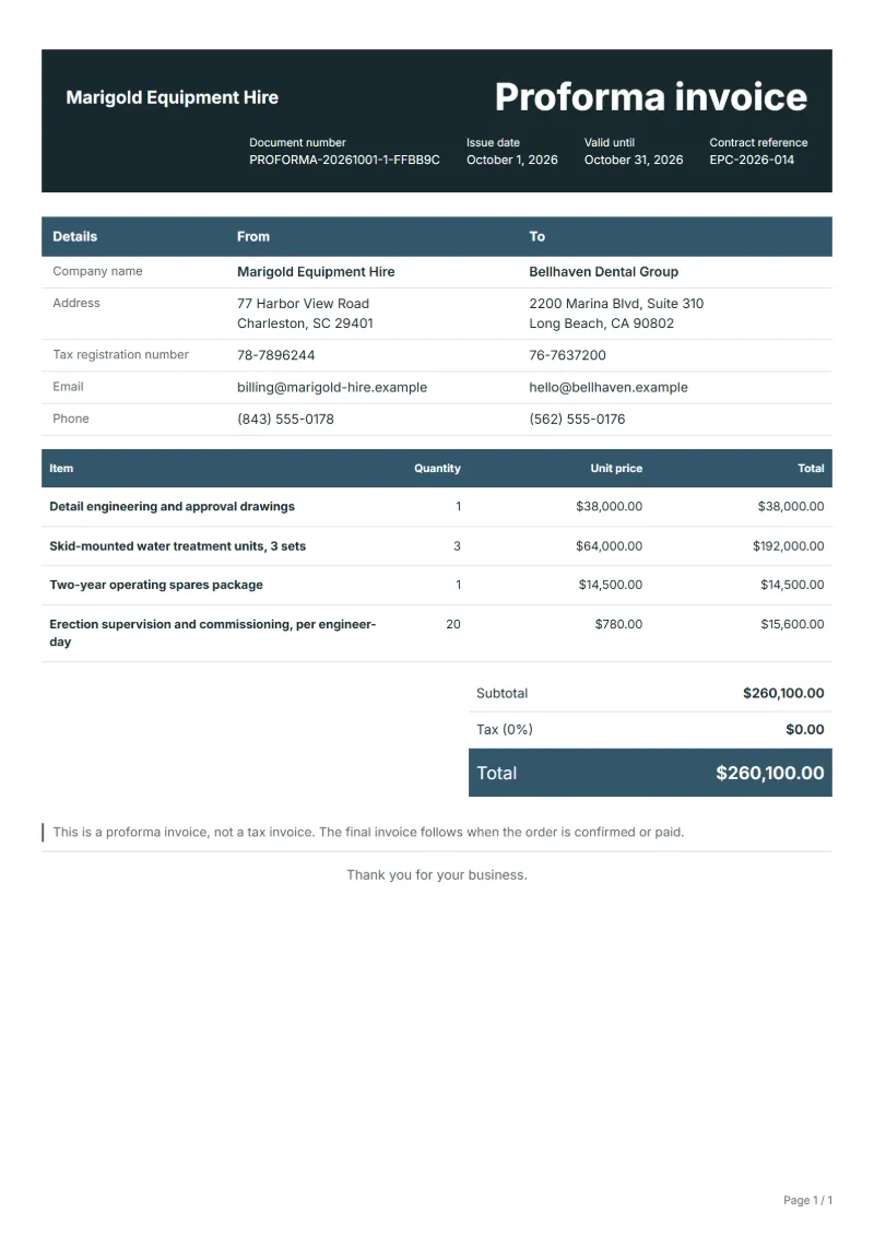 Free EPC plant equipment advance proforma invoice template: sample document with line items, quantities, prices and the total