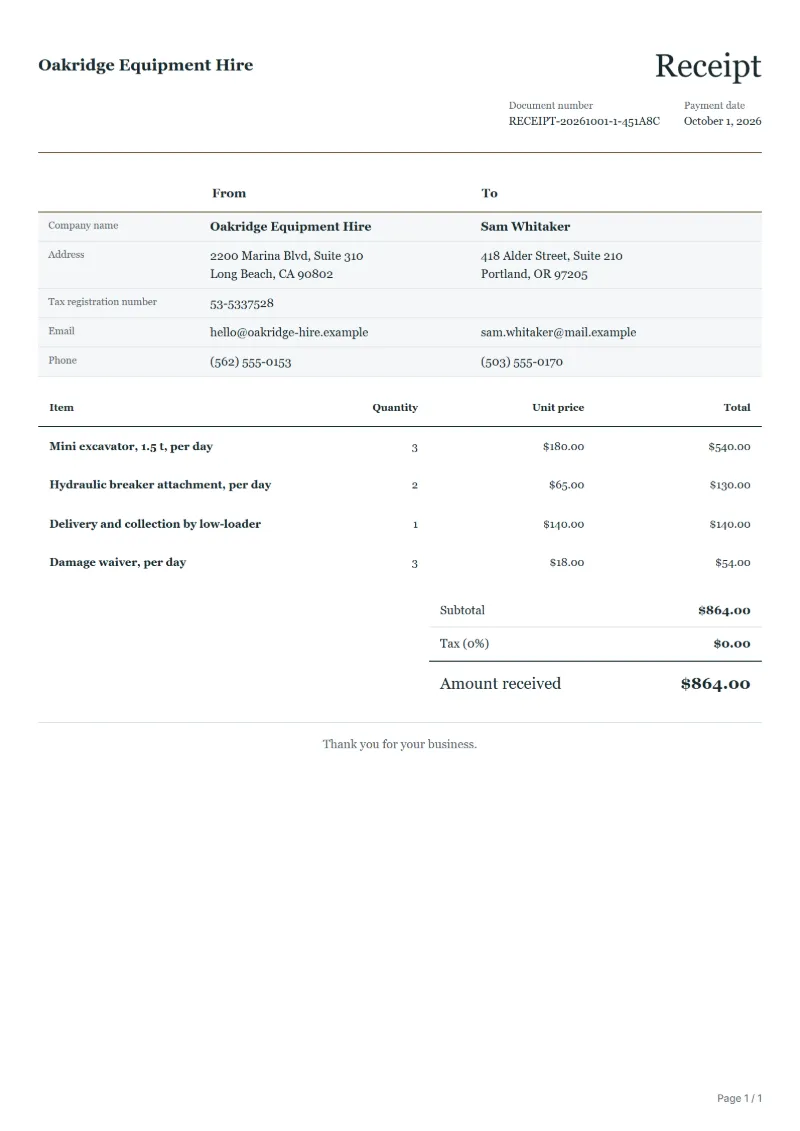 Free equipment hire receipt template: sample document with line items, quantities, prices and the total