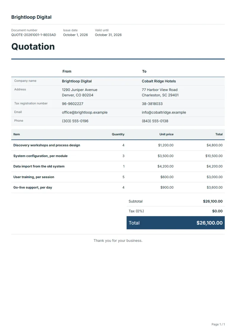 Free ERP and CRM implementation quotation template: sample document with line items, quantities, prices and the total
