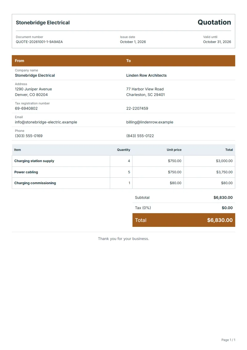 Free EV charger quotation template: sample document with line items, quantities, prices and the total