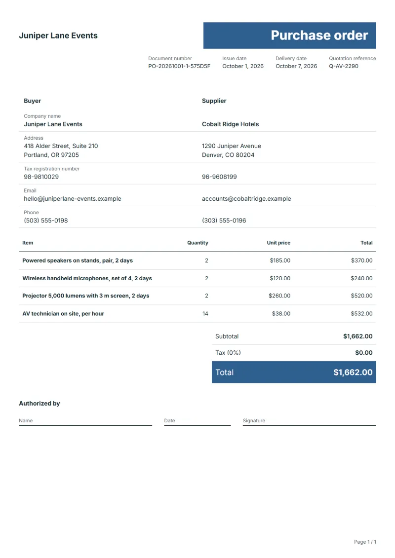 Free event AV hire purchase order template: sample document with line items, quantities, prices and the total