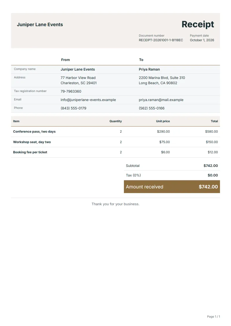 Free event ticket receipt template: sample document with line items, quantities, prices and the total