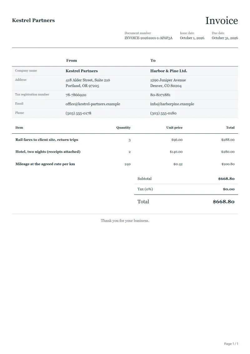 Free expense reimbursement invoice template: sample document with line items, quantities, prices and the total