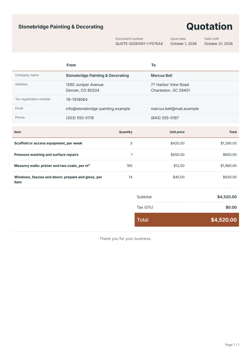 Free exterior house painting quotation template: sample document with line items, quantities, prices and the total