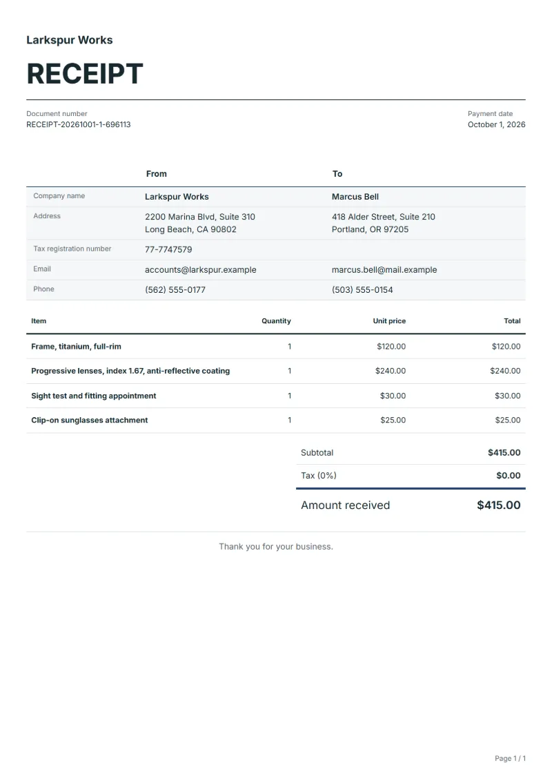 Free eyeglasses receipt template: sample document with fictional company names, line items, quantities, prices and the total