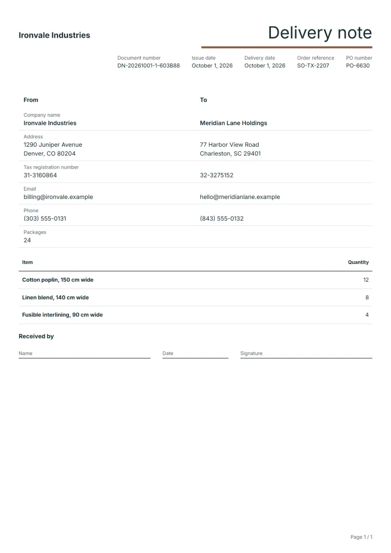 Free fabric roll delivery note template: sample document with the items, their quantities and a signature line