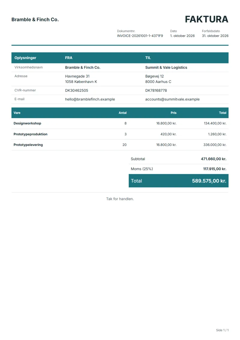 Free faktura online gratis template: sample document with line items, quantities, prices and the total