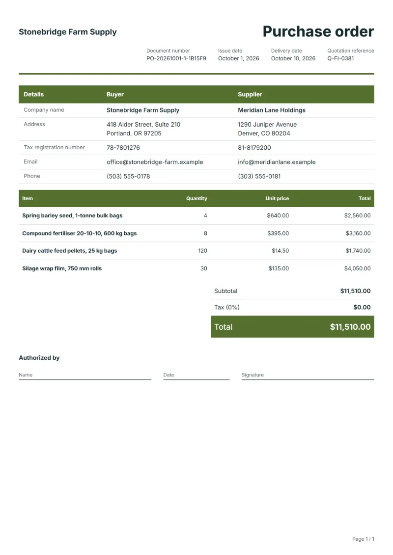 Free farm inputs purchase order template: sample document with line items, quantities, prices and the total