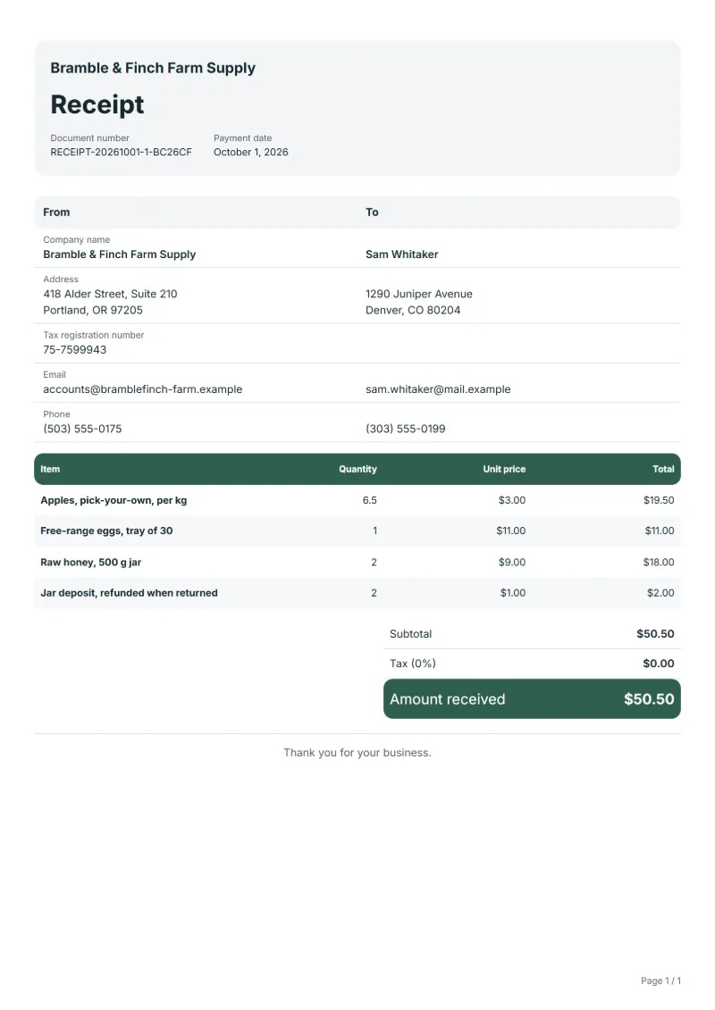 Free farm produce receipt template: sample document with line items, quantities, prices and the total