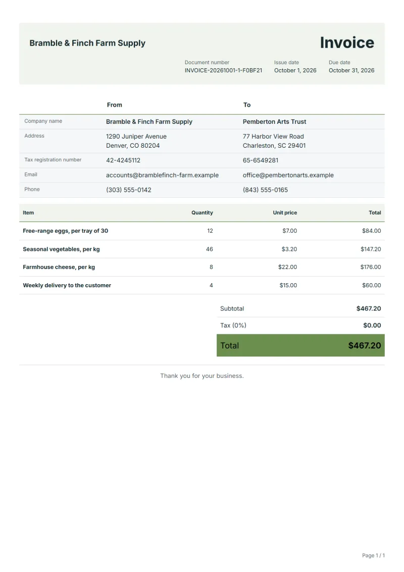 Free farm shop trade invoice template: sample document with line items, quantities, prices and the total