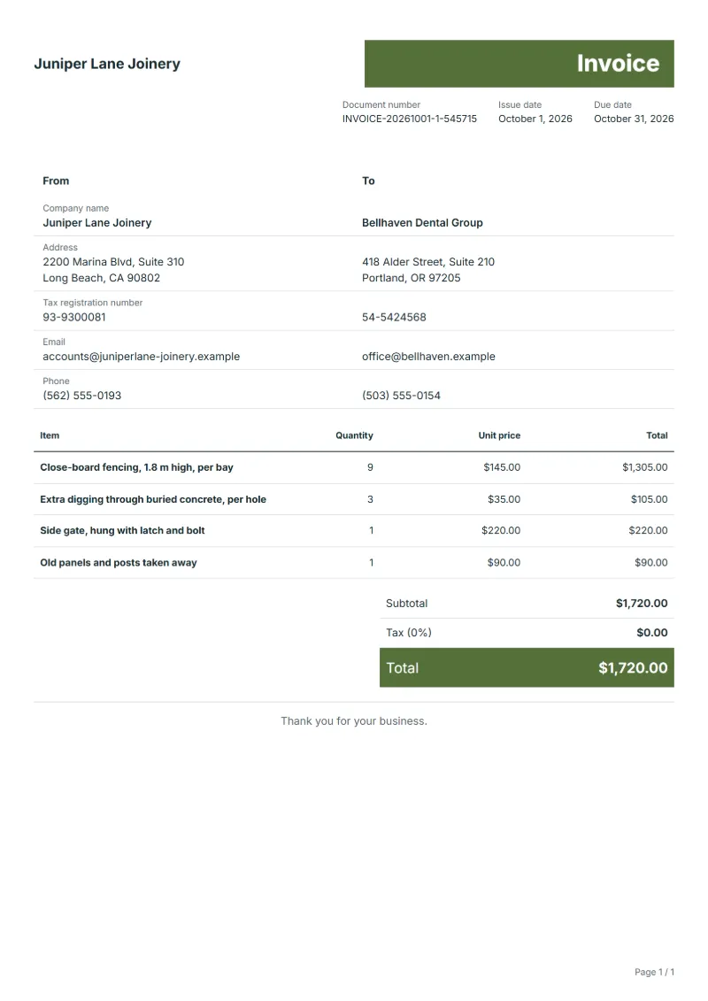 Free fence installation invoice template: sample document with line items, quantities, prices and the total