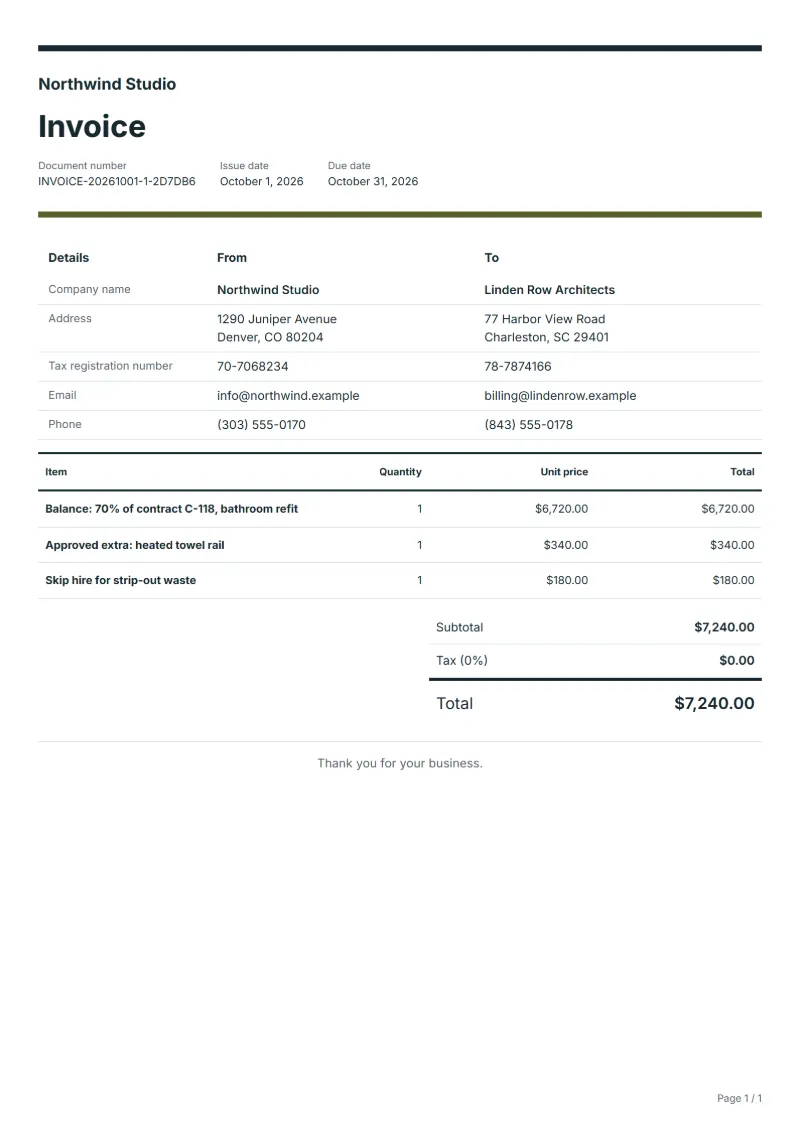 Free final balance invoice template: sample document with line items, quantities, prices and the total