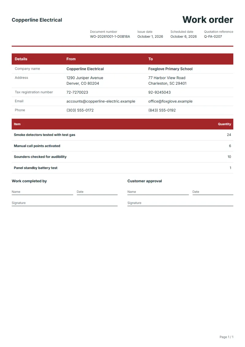 Free fire alarm inspection work order template: sample document with the items, their quantities and a signature line
