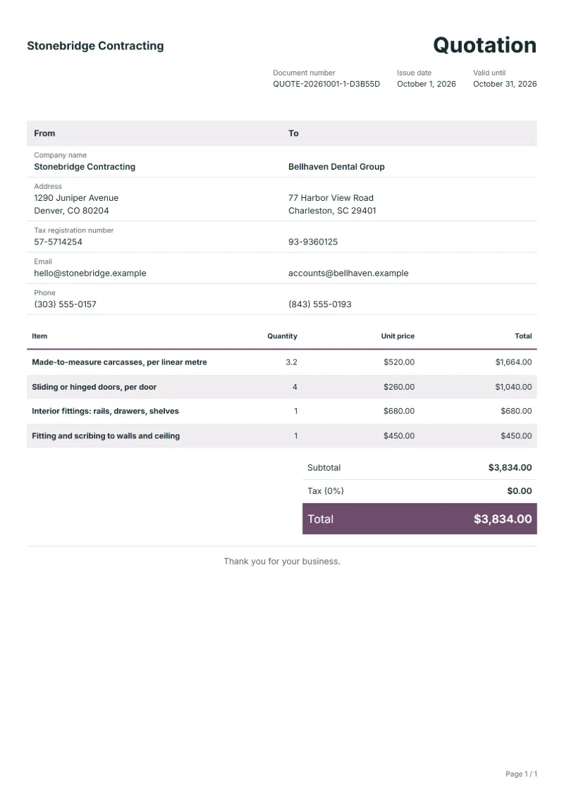 Free fitted wardrobe quotation template: sample document with line items, quantities, prices and the total