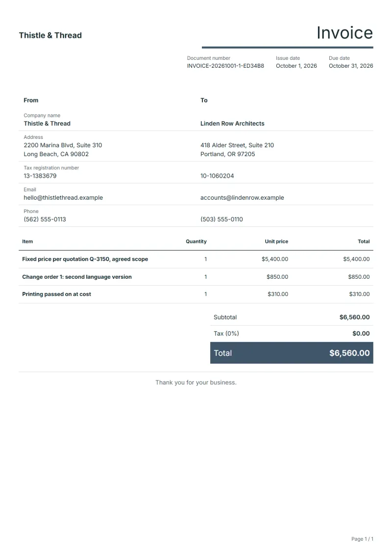 Free fixed-price project invoice template: sample document with line items, quantities, prices and the total