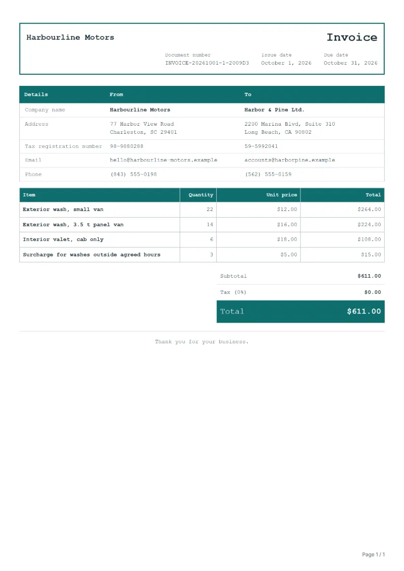 Free fleet car wash invoice template: sample document with line items, quantities, prices and the total