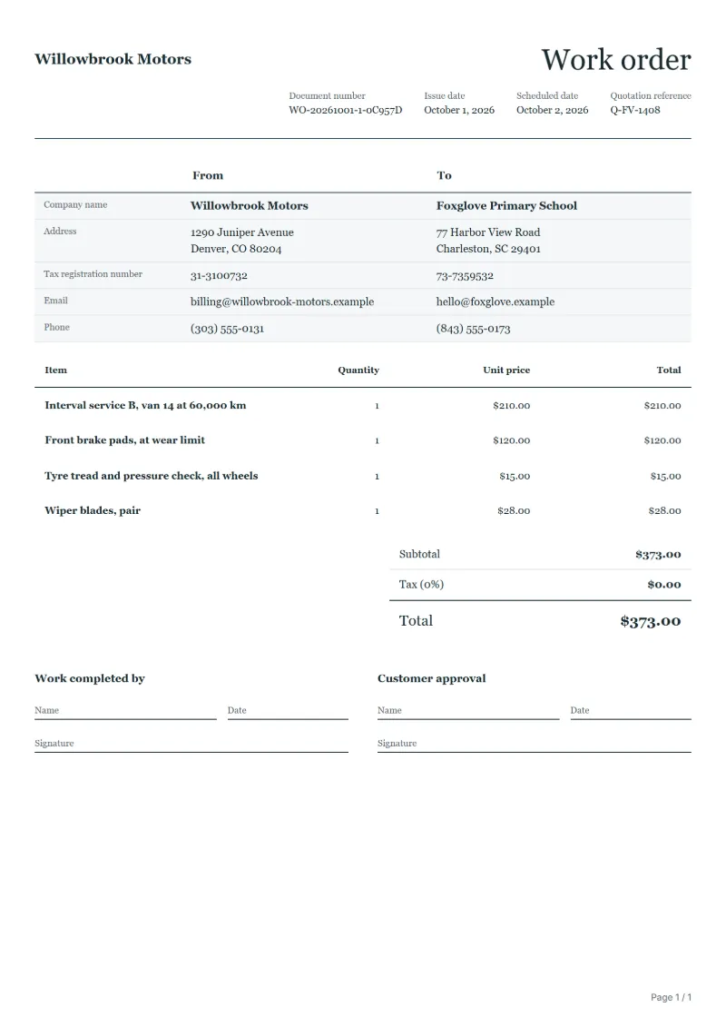 Free fleet vehicle service work order template: sample document with line items, quantities, prices and the total
