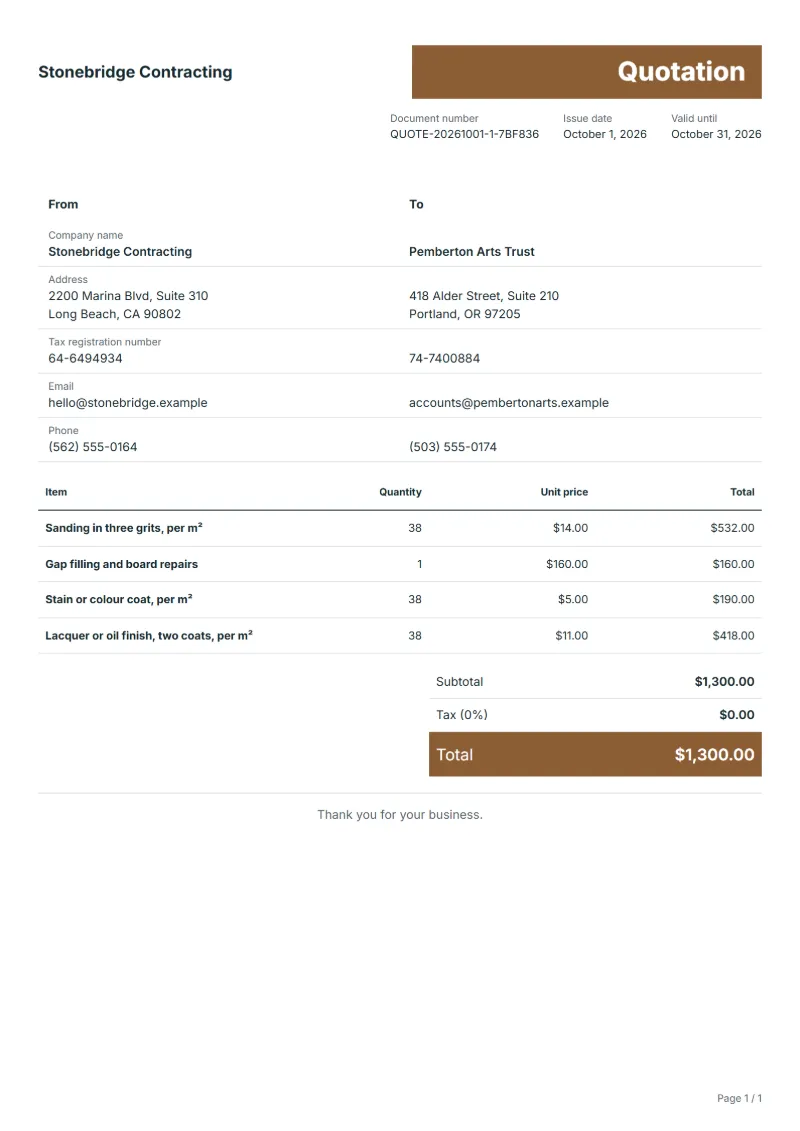 Free floor sanding and refinishing quotation template: sample document with line items, quantities, prices and the total