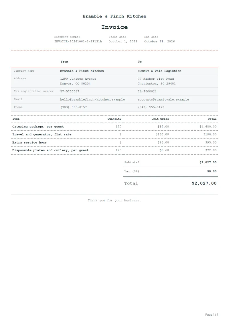 Free food truck catering invoice template: sample document with line items, quantities, prices and the total