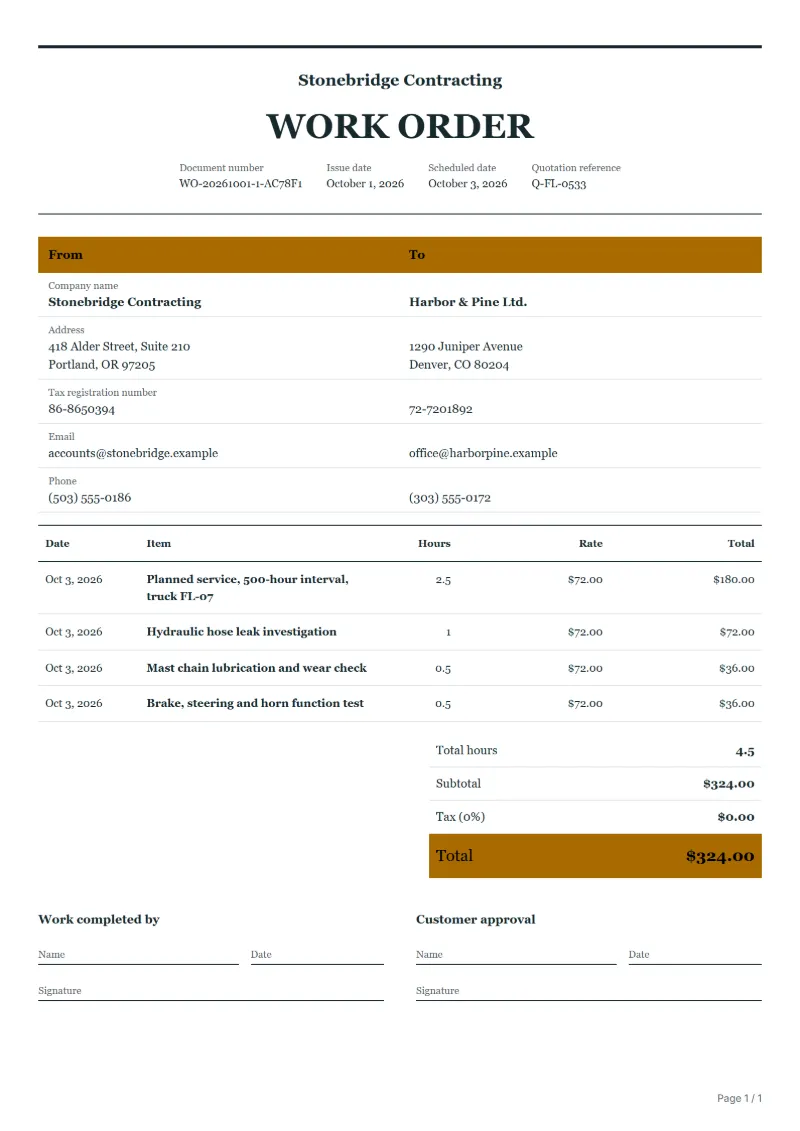 Free forklift service work order template: sample document with dates, hours, hourly rates and the total