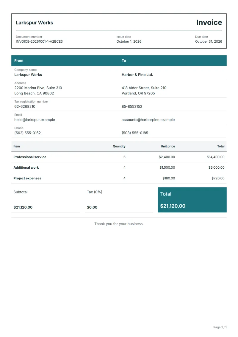 Free invoice generator: sample document with fictional company names, line items, quantities, prices and the total
