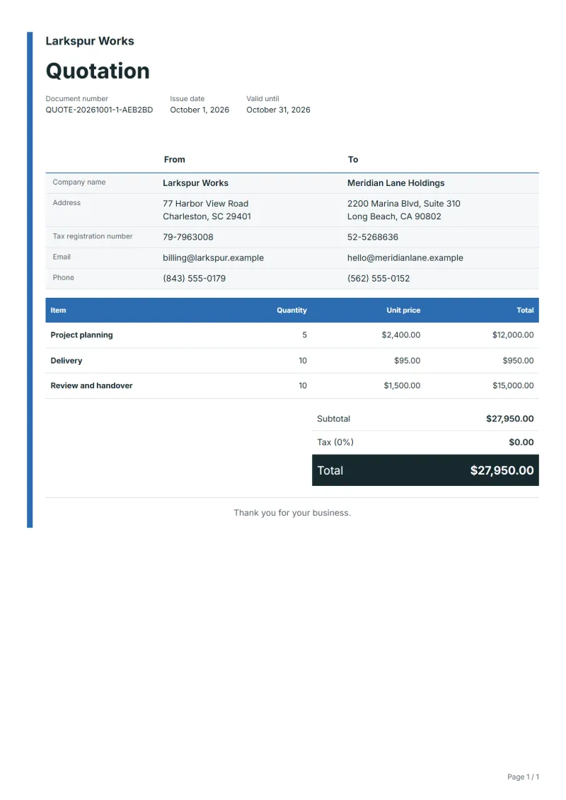 Free quotation generator: sample document with fictional company names, line items, quantities, prices and the total