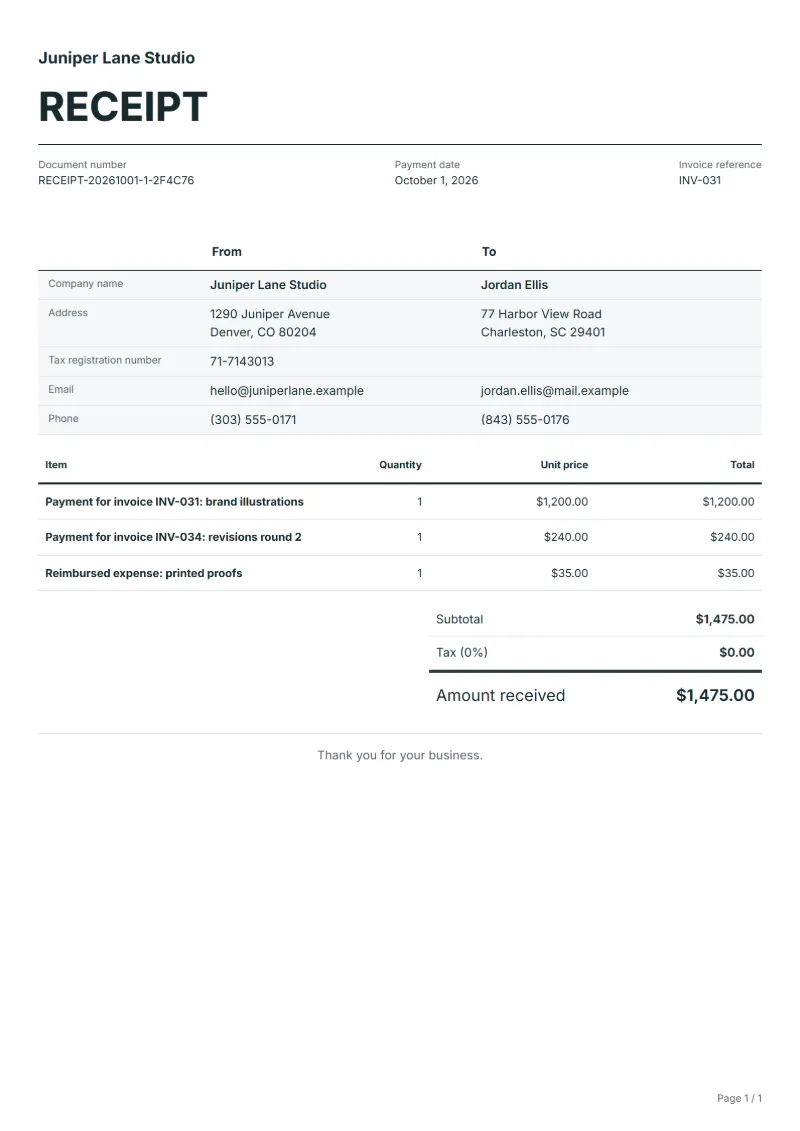 Free freelance payment receipt template: sample document with line items, quantities, prices and the total