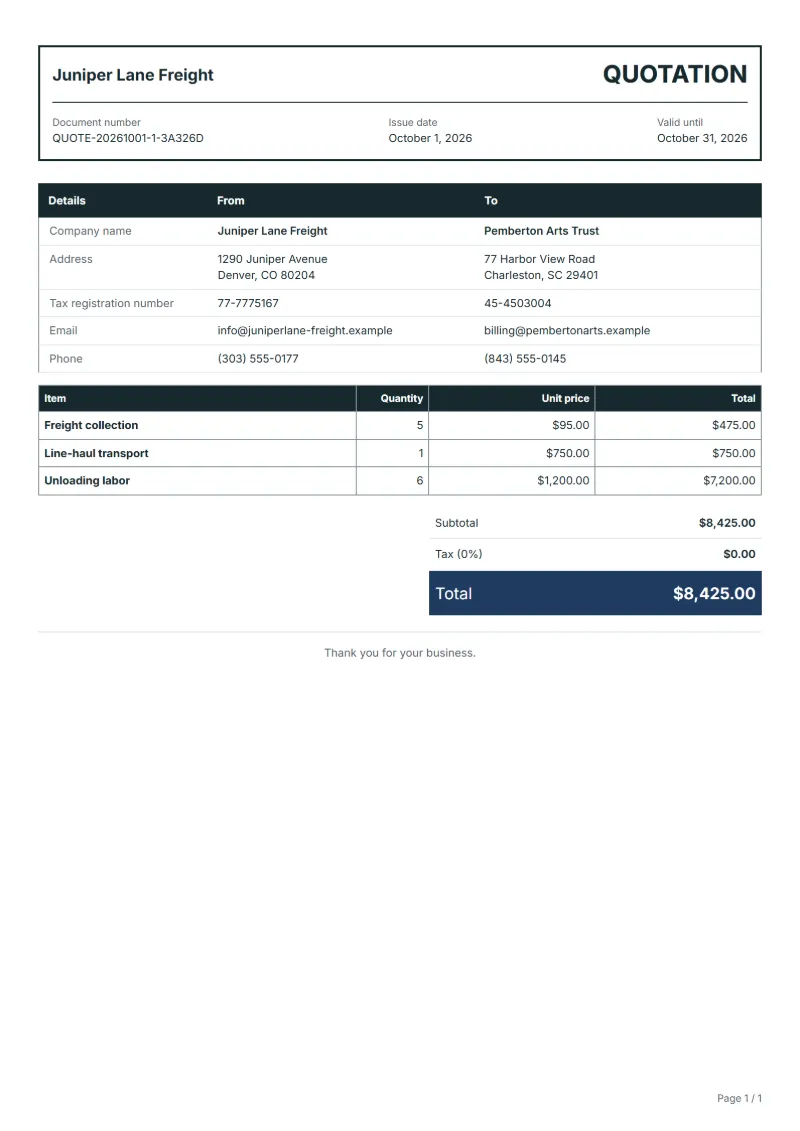 Free freight quotation template: sample document with fictional company names, line items, quantities, prices and the total