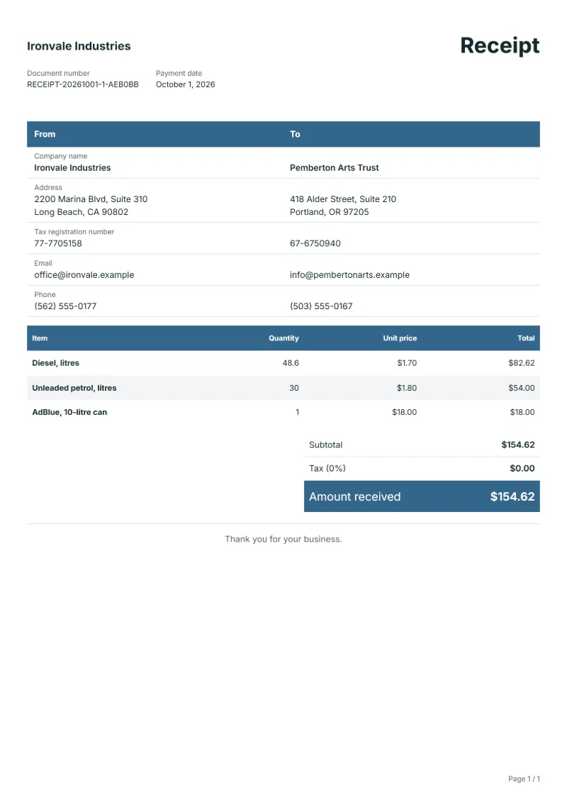 Free fuel receipt template: sample document with fictional company names, line items, quantities, prices and the total