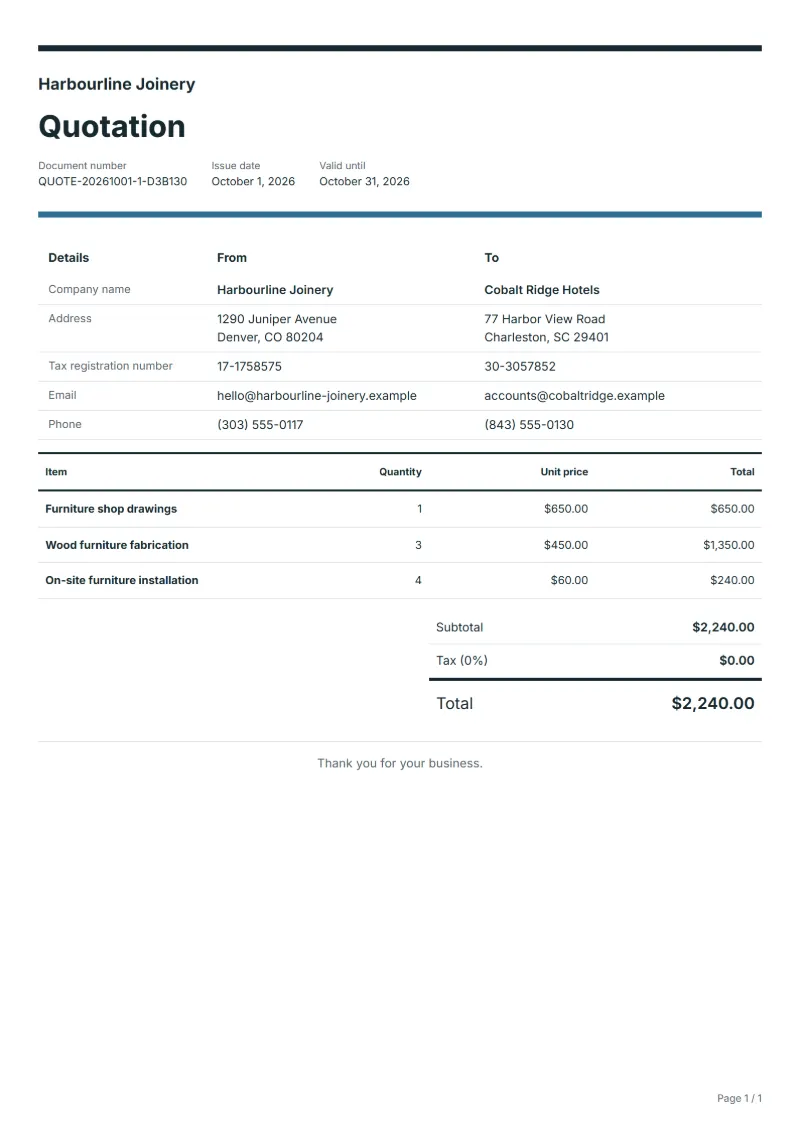 Free custom furniture quotation template: sample document with line items, quantities, prices and the total