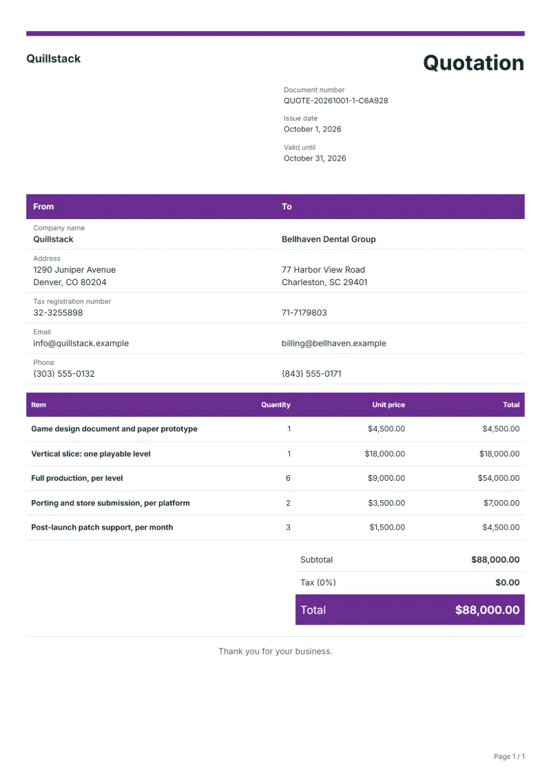 Free game development quotation template: sample document with line items, quantities, prices and the total