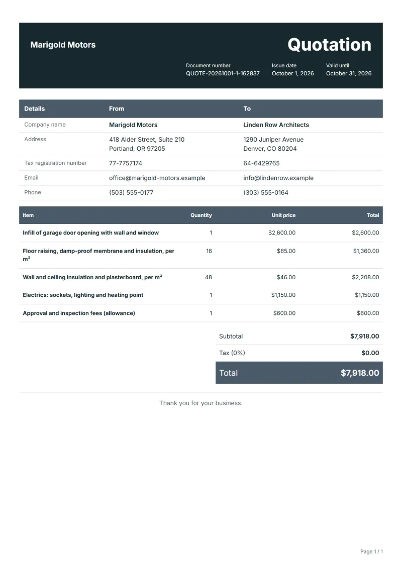 Free garage conversion quotation template: sample document with line items, quantities, prices and the total