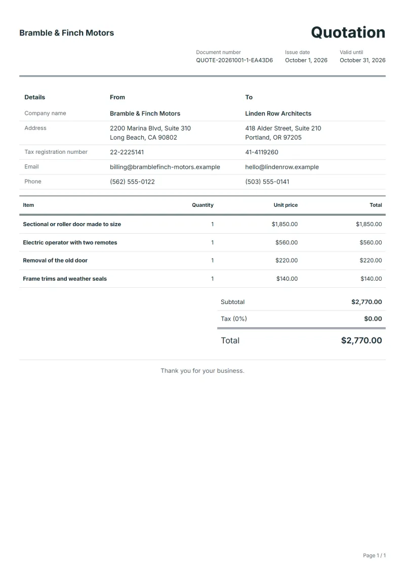 Free garage door installation quotation template: sample document with line items, quantities, prices and the total