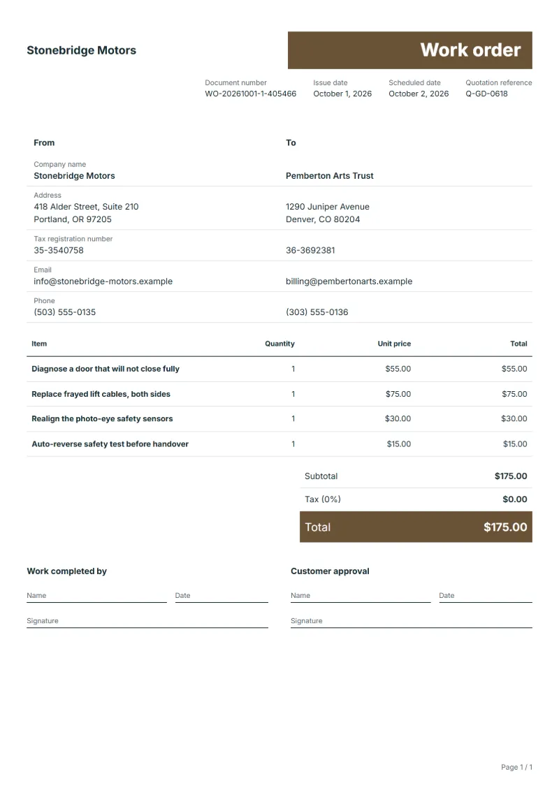 Free garage door repair work order template: sample document with line items, quantities, prices and the total