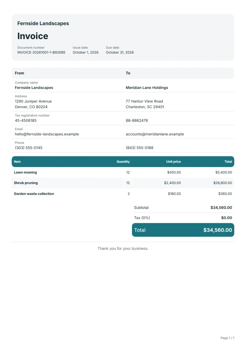 Free garden maintenance invoice template: sample document with line items, quantities, prices and the total
