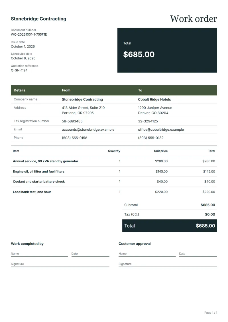 Free generator service work order template: sample document with line items, quantities, prices and the total