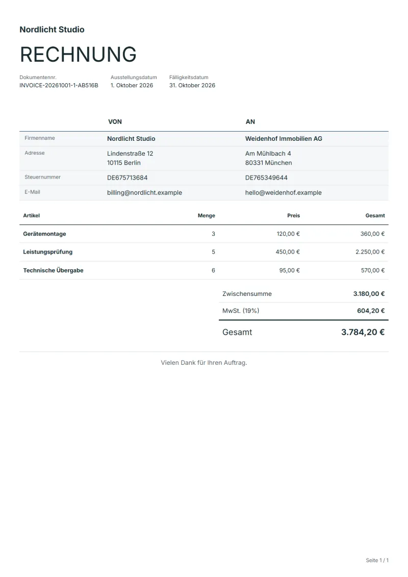 Free German invoice template: sample document with fictional company names, line items, quantities, prices and the total