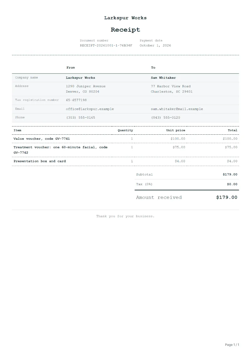 Free gift voucher sale receipt template: sample document with line items, quantities, prices and the total