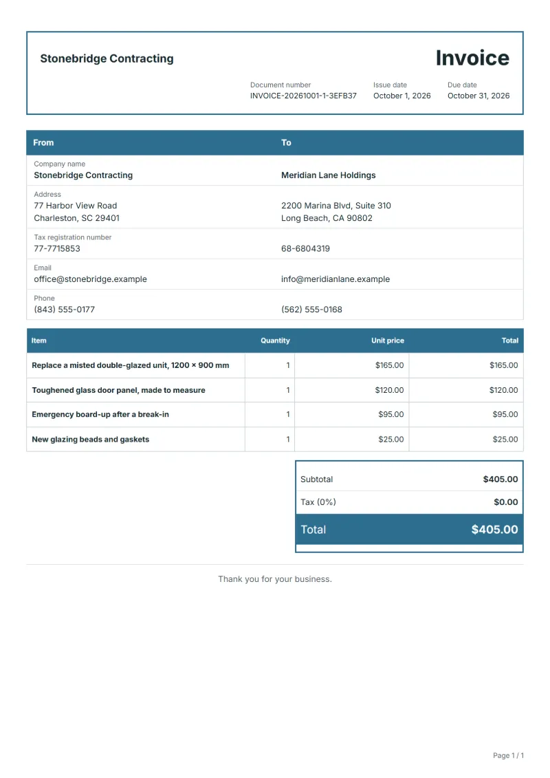 Free glazier invoice template: sample document with fictional company names, line items, quantities, prices and the total