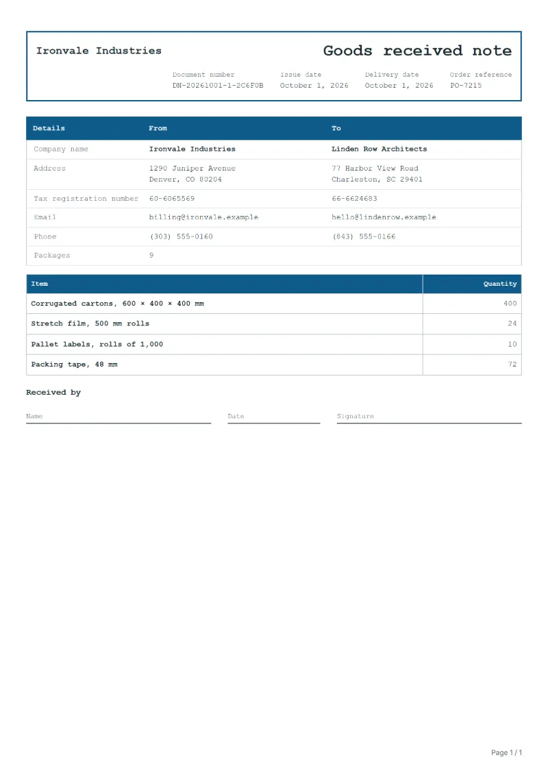 Free goods received note template: sample document with the items, their quantities and a signature line
