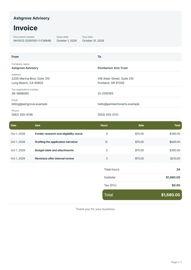 Free grant writing invoice template: sample document with fictional company names, dates, hours, hourly rates and the total