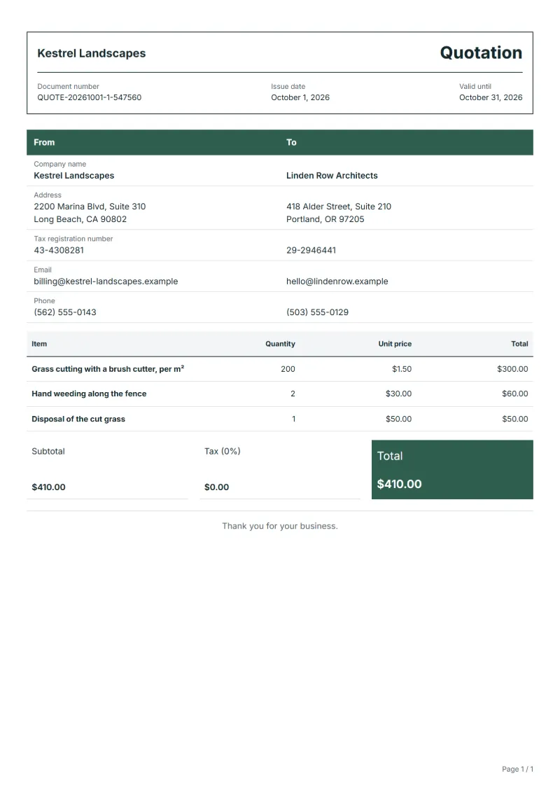 Free grass cutting quotation template: sample document with line items, quantities, prices and the total