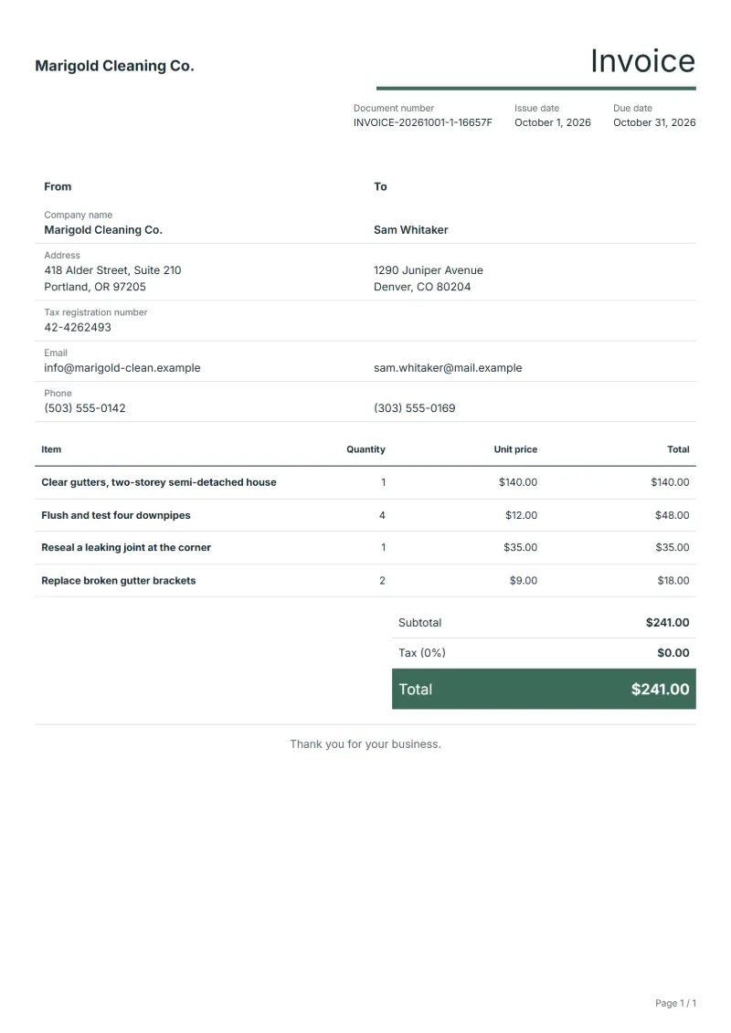 Free gutter cleaning invoice template: sample document with line items, quantities, prices and the total