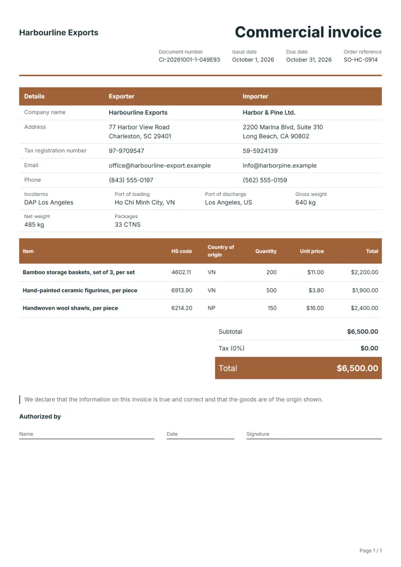 Free handicraft commercial invoice template: sample document with HS code and origin columns, prices and the total