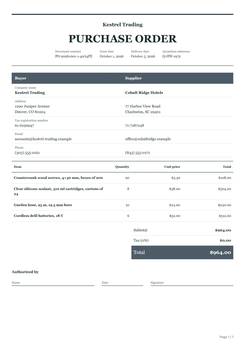 Free hardware store stock purchase order template: sample document with line items, quantities, prices and the total
