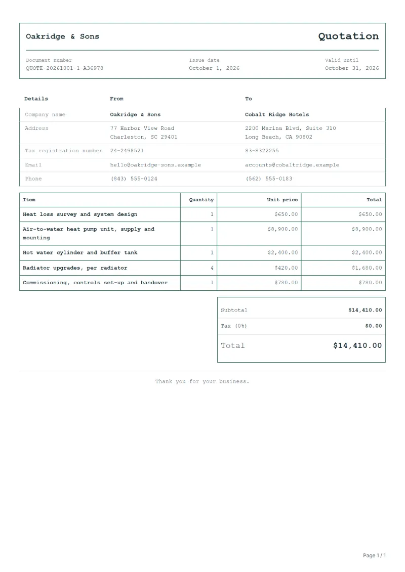 Free heat pump installation quotation template: sample document with line items, quantities, prices and the total