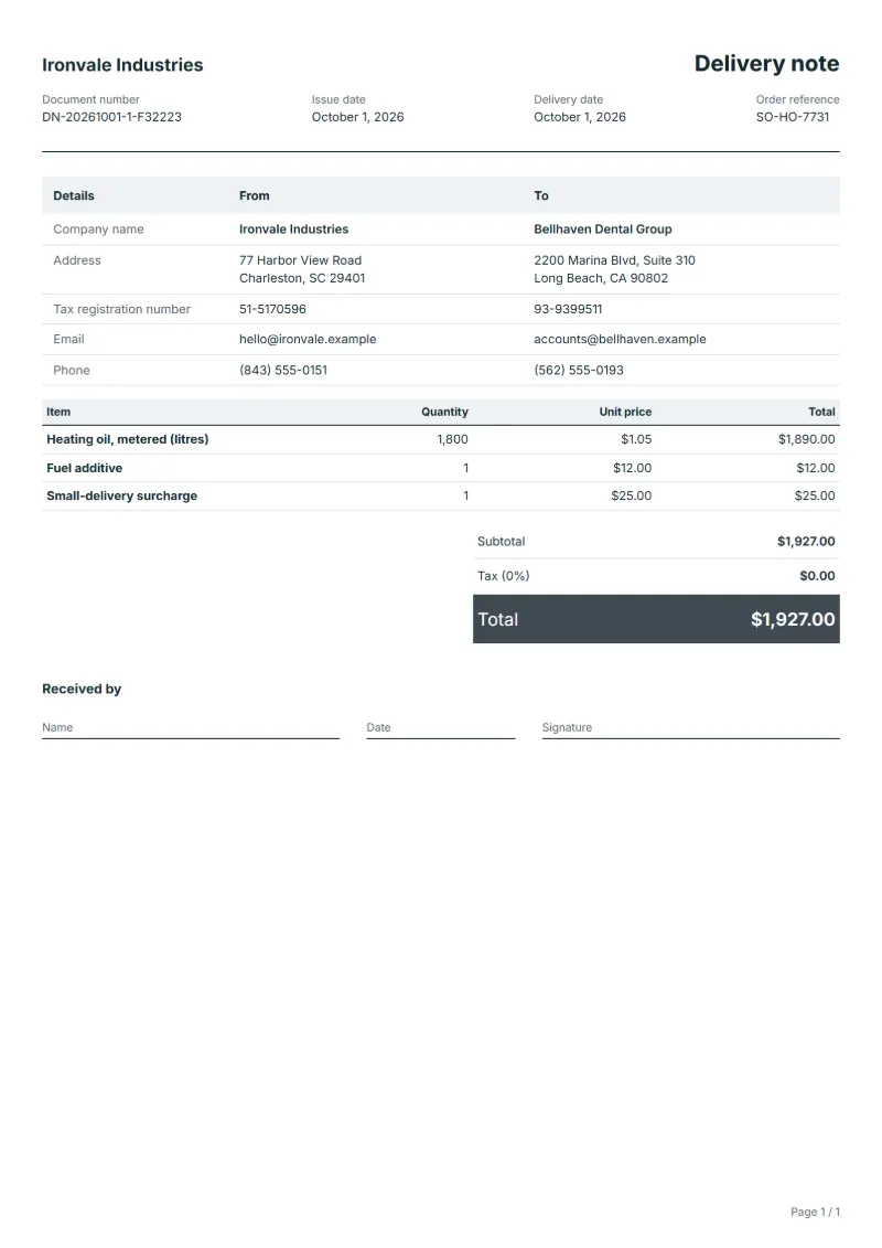 Free heating oil delivery note template: sample document with line items, quantities, prices and the total