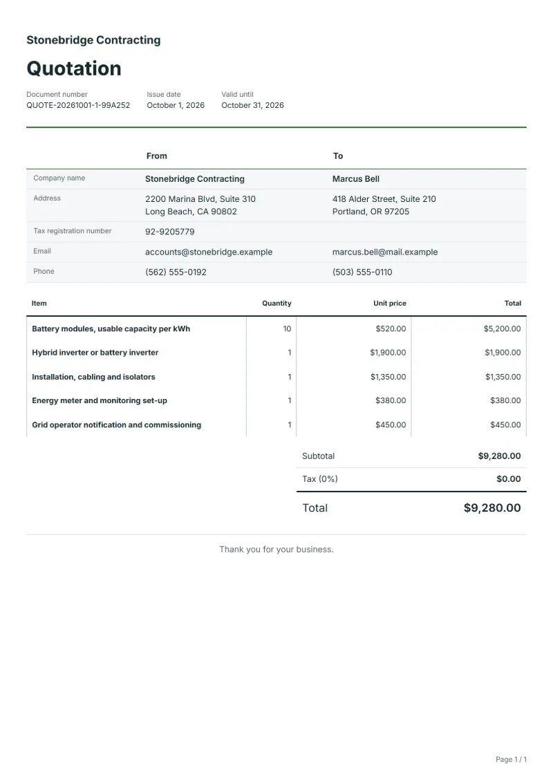 Free home battery storage quotation template: sample document with line items, quantities, prices and the total