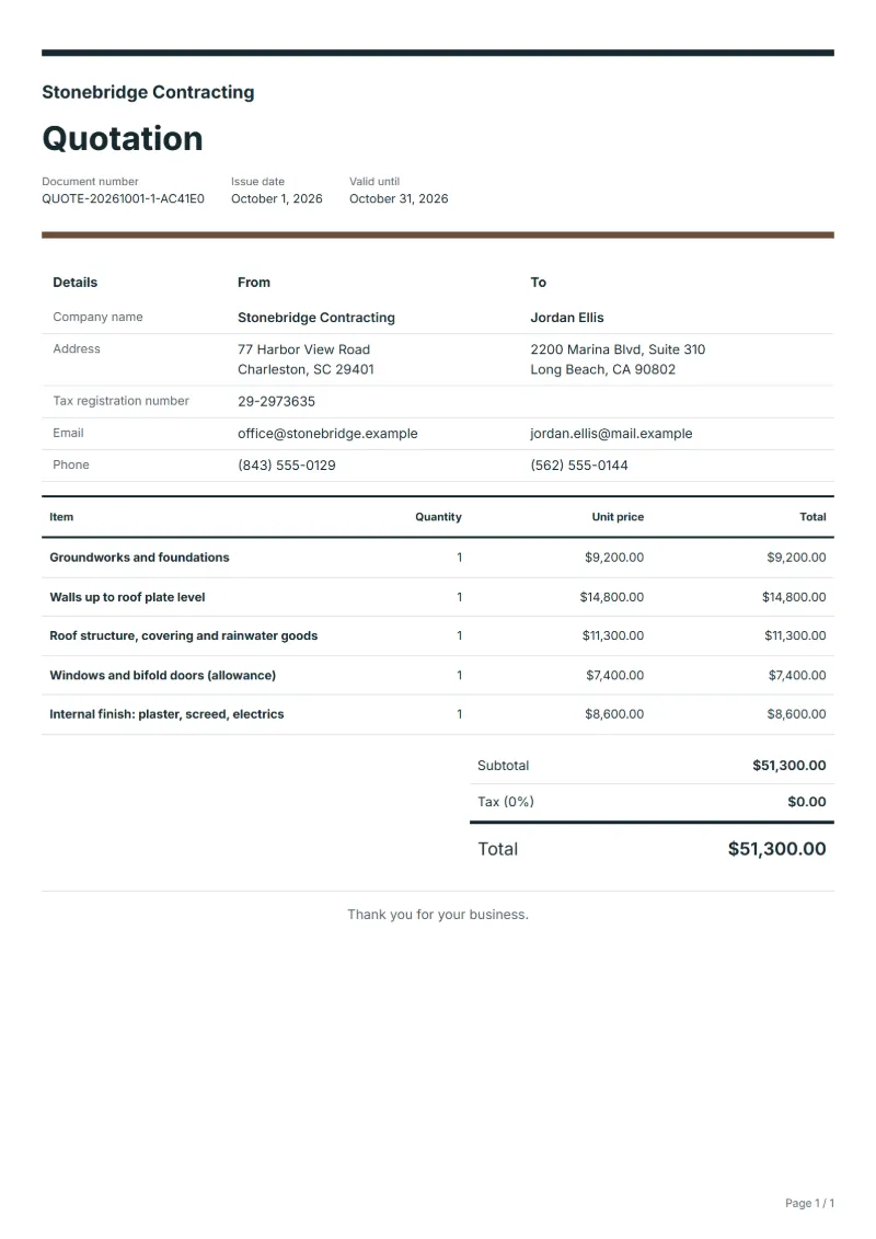Free home extension quotation template: sample document with line items, quantities, prices and the total