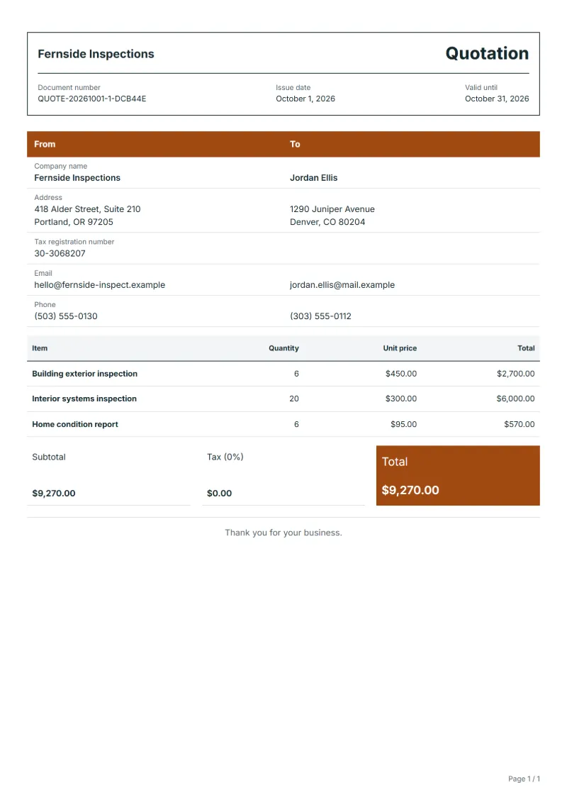 Free home inspection quotation template: sample document with line items, quantities, prices and the total